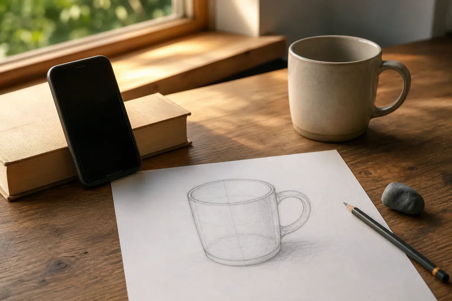 A light pencil sketch of a mug built from ellipses on paper, next to the real mug, a pencil, an eraser and a phone propped against a book