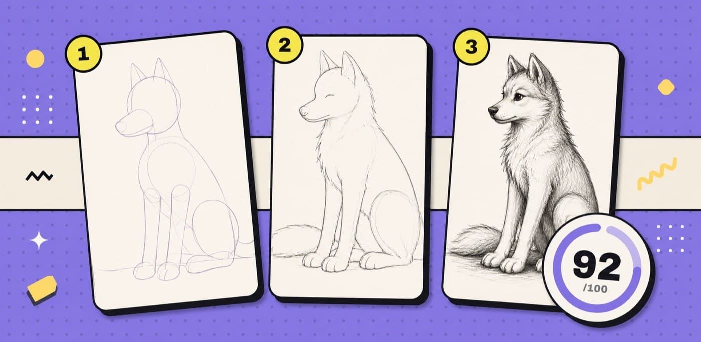 A dog drawing progressing from basic construction shapes to a detailed pencil sketch, ending with a score of 92 out of 100.