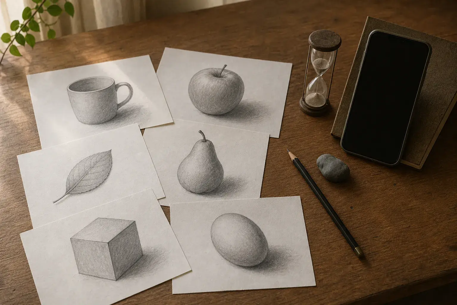 Six pencil drawing studies on loose sheets of paper (a mug, an apple, a leaf, a pear, a box and an egg) beside a pencil, a kneaded eraser, a small hourglass and a phone propped against a book