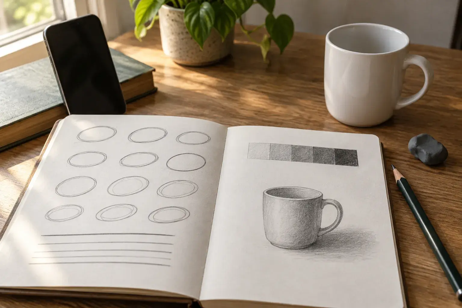 An open sketchbook with rows of practice ellipses, a value scale and a shaded pencil sketch of a mug, beside the real mug, a pencil, an eraser and a phone propped against a book