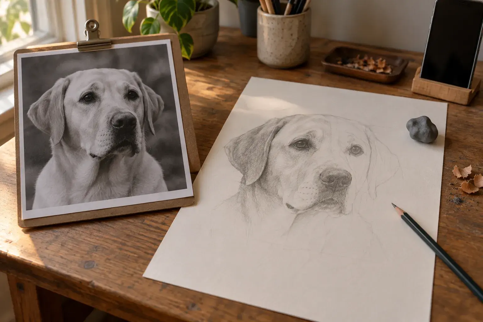 Ein Schwarz-Weiß-Foto eines Labradors an einem Klemmbrett, daneben eine angefangene Bleistiftzeichnung desselben Hundes, ein Bleistift, ein Knetradierer und ein Handy auf einem Ständer