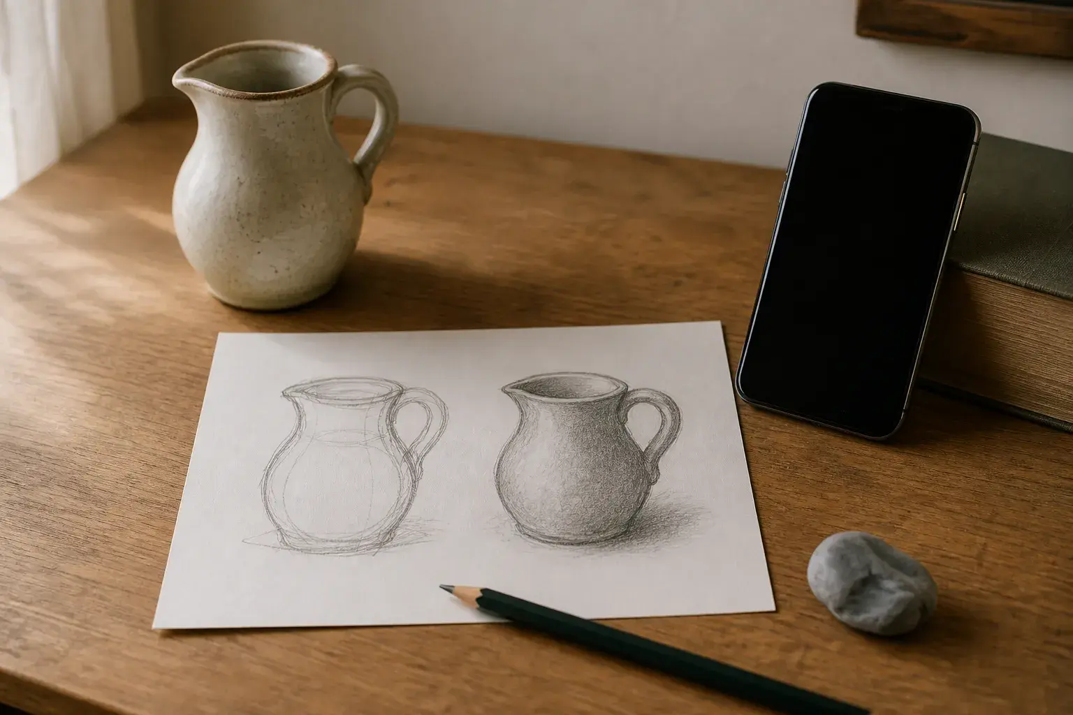 Two pencil sketches of a ceramic jug on paper, one rough from memory and one more accurate, beside the real jug, a pencil, a kneaded eraser and a phone propped against a book