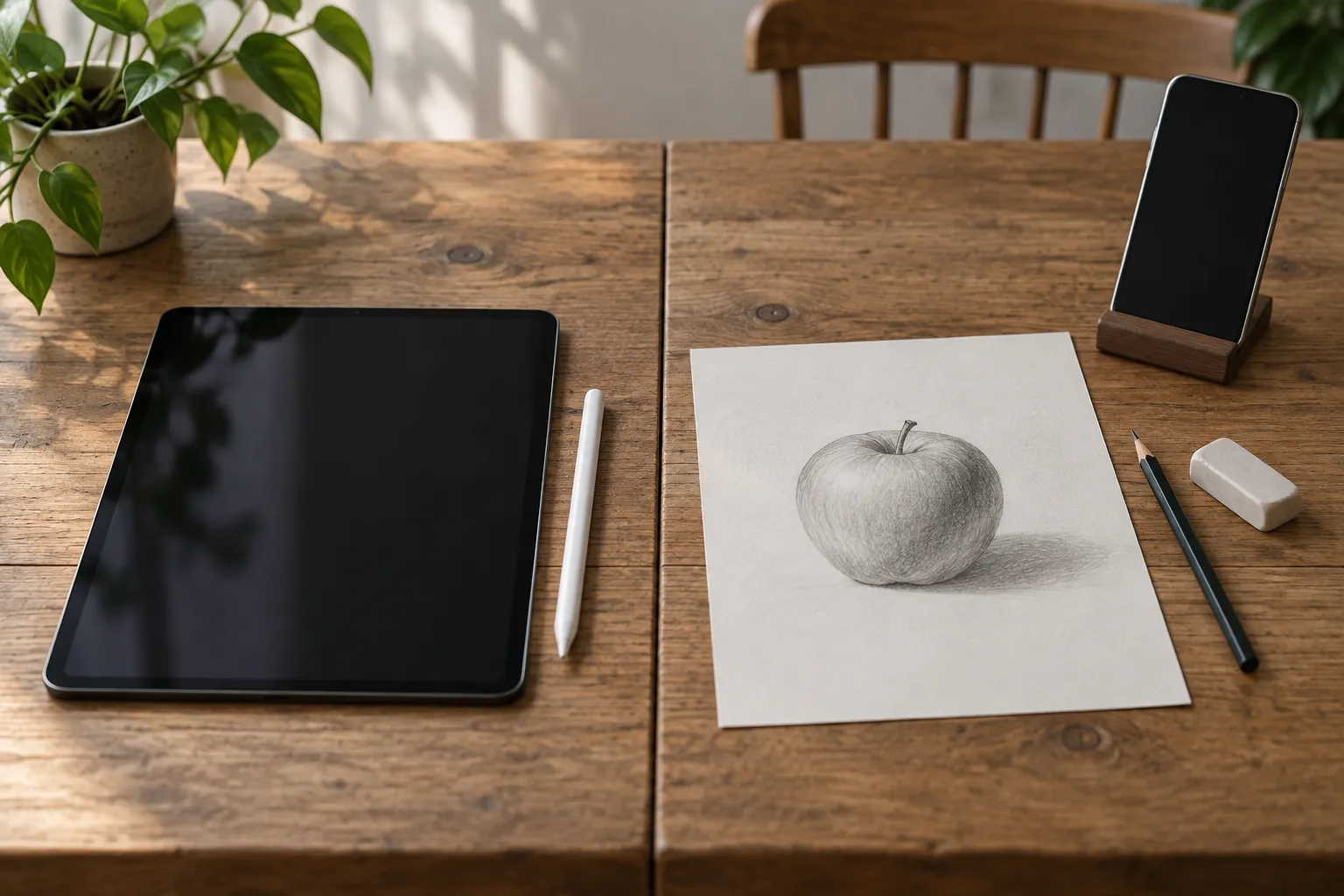 Ein Tablet mit Eingabestift auf der linken Tischhälfte, auf der rechten eine Bleistiftzeichnung eines Apfels mit Radiergummi und einem Handy auf einem Ständer