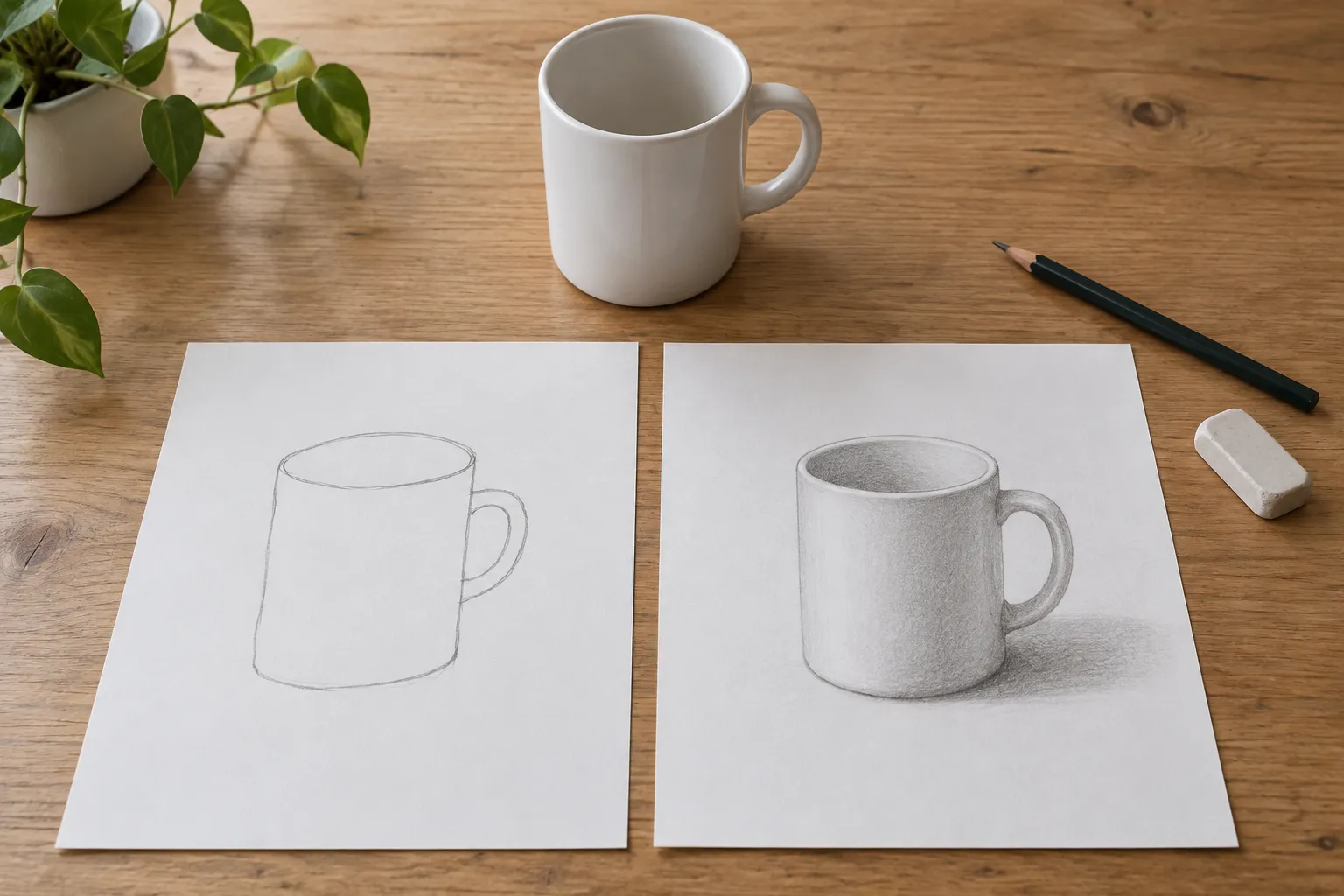 Two pencil drawings of the same mug on a table: a flat, lopsided outline on the left and a rounder, shaded version on the right, with the real mug above them