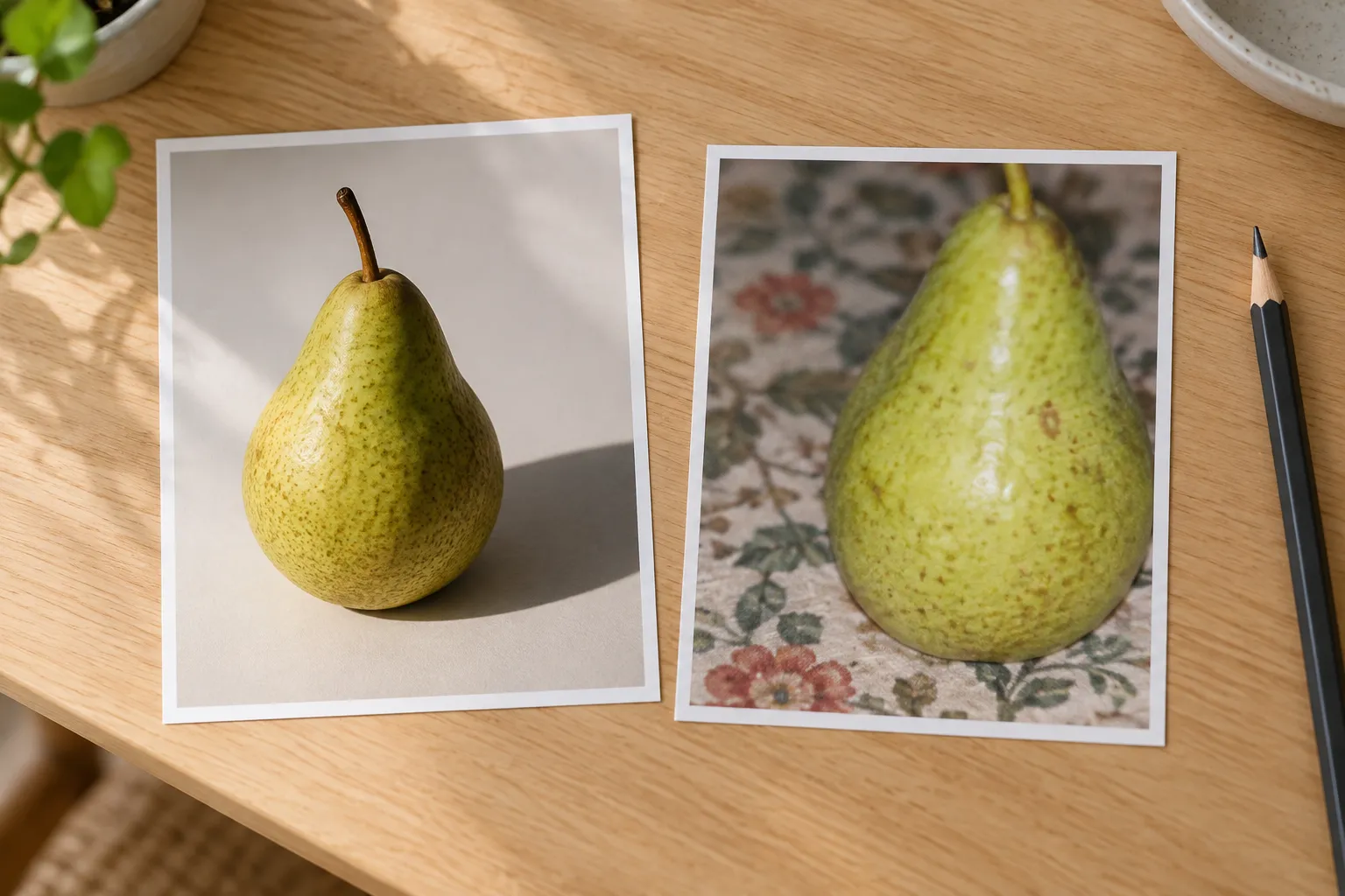 Zwei ausgedruckte Fotos derselben Birne: links scharf, seitlich beleuchtet mit klarem Schlagschatten, rechts unscharf, flach und angeschnitten vor einem unruhigen Blumenmuster