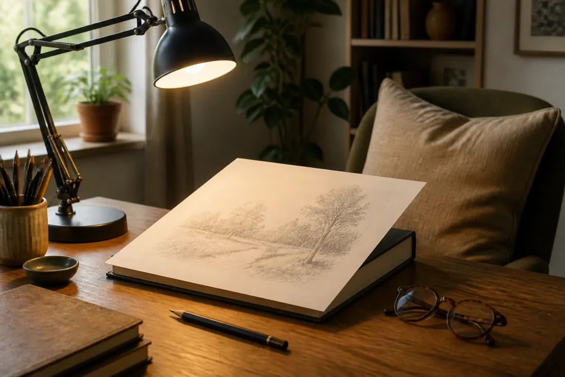 Un escritorio luminoso con un lápiz, una goma moldeable, unas gafas de lectura sobre un cuaderno, una taza de té y una lámpara junto a la hoja